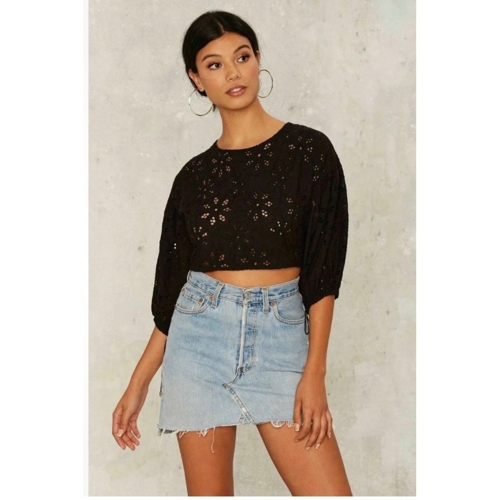Ecru Lab Black Eyelet Lace Up Back Crop Top‎ Puff Sleeve E0013T Womens Small